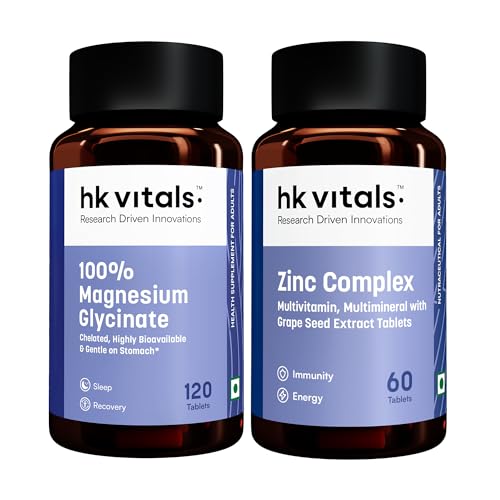 Image of hk vitals 100% Magnesium Glycinate (1880mg) 120 Tablets | For Better Sleep Quality & Muscle Recovery with Zinc Complex (60 Tablets)