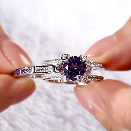 Jeulia Women 3.5 Carat Simulated Diamond Wedding Ring Set Sterling Silver Cubic Zirconia Engagement Ring Round Cut Colorful Stone Anniversary Rings Promise With Jewelry Gift (Amethyst Purple, 10) #TOP2