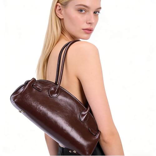 Image of Vintage Shoulder Bag - Glossy Leather Top Handle Handbag, Retro Minimalist Dome Shoulder Purse, Elegant Underarm Bag