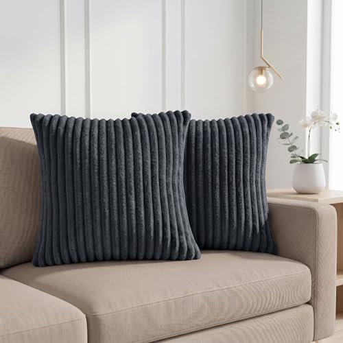 Image of Yellow Weaves Pencil-Stripe Fur Cushion Covers | Soft Polyester | Decorative Sofa & Throw Pillow Covers | 16x16 Inches, Pack of 2 (Bluish Grey)