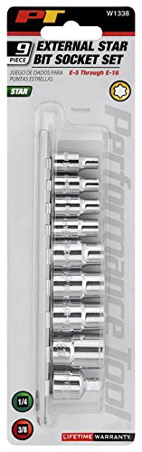 Performance Tool W1338 Heat-Treated Steel Socket Set With Chrome Finish, Bonus Rail And Adapter, Includes 8 Torx Sizes In 1/4 And 3/8" Drives #TOP1