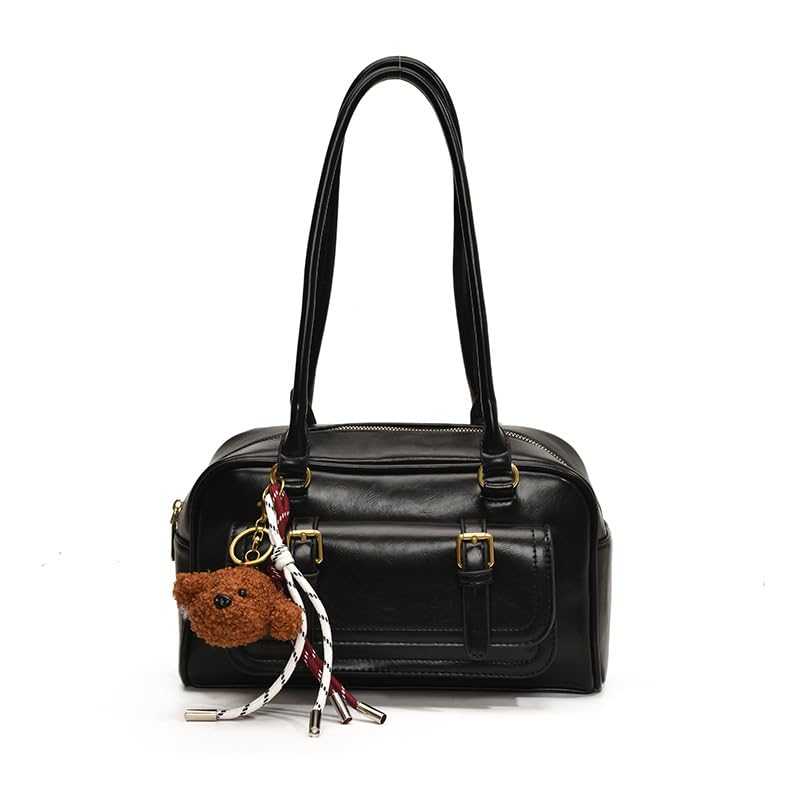 Vintage Shoulder Bags for Women Brown Purse Bowler Bag Faux Leather Shoulder Purse Y2k Hobo Tote Handbag with Pendant