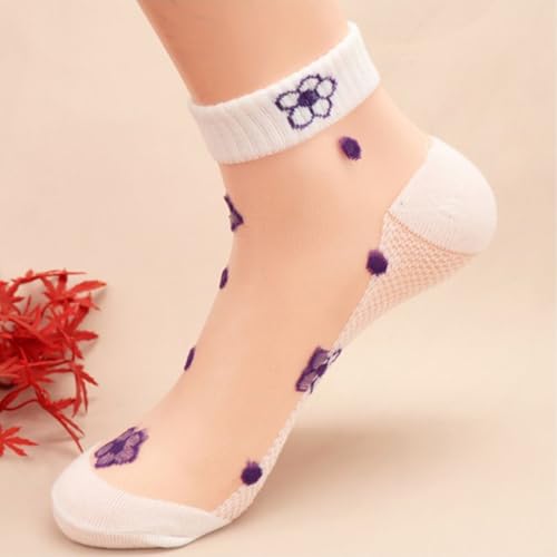 Image of Womens Girls Nylon Socks Sheer Summer Transparent Ankle Socks Mesh Thin Novelty Socks Lilac Flower