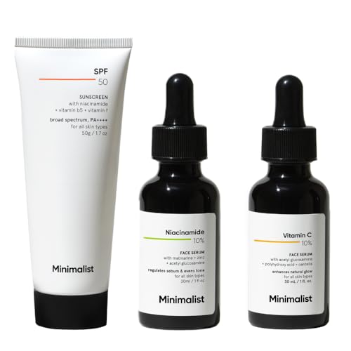 Image of Minimalist Essential Bundle: 10% Niacinamide Serum with Zinc (30ml) for Oil Control & Acne + 10% Vitamin C Serum (30ml) for Dark Spots & Glow + SPF 50 PA++++ Sunscreen (50g)
