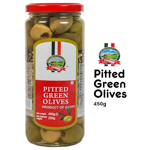 Image of CANEEN Pitted Green Olives Ideal for Salads, Pizzas, and Snacks | Fresh, Delicious, Ready to Eat | Sauces | Garnish | Stuffed Dishes | Rice and Grains | Savory Pies |450 gm (Pack of 1)