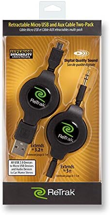 ReTrak Retractable Aux Cable and Micro USB Cable Value Pack, Black (ETCABLE35MIC5)