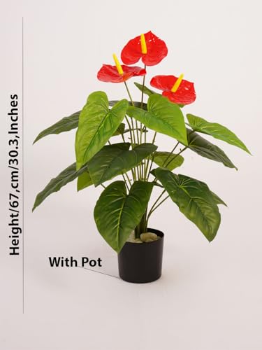 Image of ARICK DECOR 2.1Ft Artificial Anthurium Plant with 18 Leaves, 65cm Tall Faux Tropical Flamingo Flower in Black Pot, Realistic Large Silk Leaf Potted Tree for Home, Office & Interior Styling