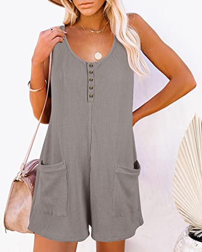 Caramitty Rompers For Women Button Down Summer Waffle Knit Sleeveless Loose Jumpsuits Spaghetti Strap Short Pants Outfit #TOP1