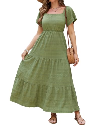 VERABEND Women's Summer Long Beach Dress Short Sleeve Maxi Dresses for Women with Pockets, Green, X-Large