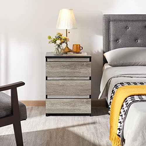 Yaheetech Bedside Table, Wood Nightstand with Storage Cabinet, End Side Table with 3 Drawer, Sofa Side Table Chest of Drawers for Living Room/Bedroom, Gray, 35 x 45 x 60.5 cm