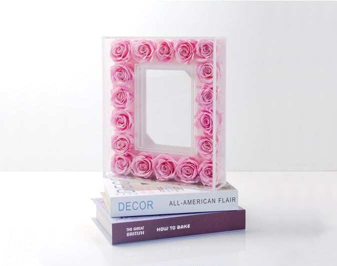 Decorative Acrylic Photo Frame with Pink Rose Border, Clear Display Box, 25x30x6.8 cm, Valentine's Day Gift, Wedding Album