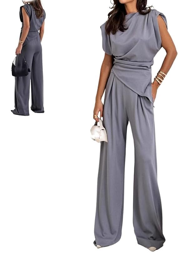 Womens Round Neck Pleated Sleeveless Casual Suit Sleeveless Crewneck Vest High Waist Wide Leg Pantsuit with Pocket