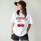 Bobeutou Cherry Shirt Women Fruit Graphic Printed Tshirt Vintage Tees Aesthetic Cute Preppy Cherries Shirts Casual Tops(White,M)