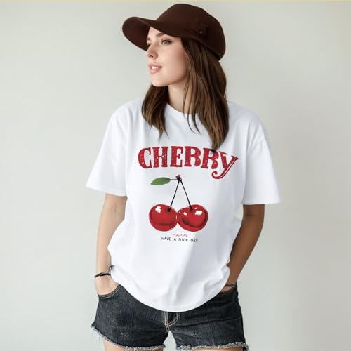 Bobeutou Cherry Shirt Women Fruit Graphic Printed Tshirt Vintage Tees Aesthetic Cute Preppy Cherries Shirts Casual Tops(White,M)