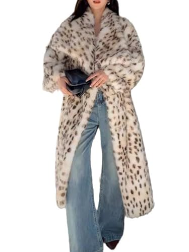 AIWUFLY Womens Faux fur Leopard Long Coat Lapel Cardigan Fur Jacket Winter Thermal Outerwear Leopard Medium