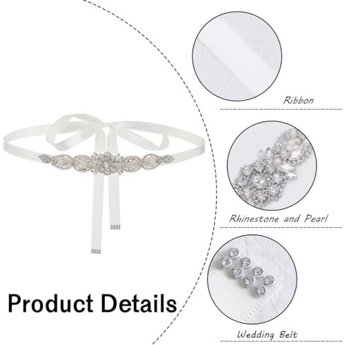 Urieo Rhinestone Wedding Belt Crystal Bridal Belts with Beige Ribbon Pearl Bride Bridesmaid Dress Sash Belts for Women2