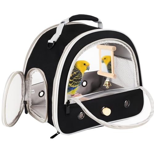Image of Parrot Travel Cage Carrier with Bird Cage Bells Mirror Set,Portable Small Bird Parakeet Bag with Standing Perch and Comfy Mat Bird Carry Transport Bag with Clear Window Outdoor Adventure