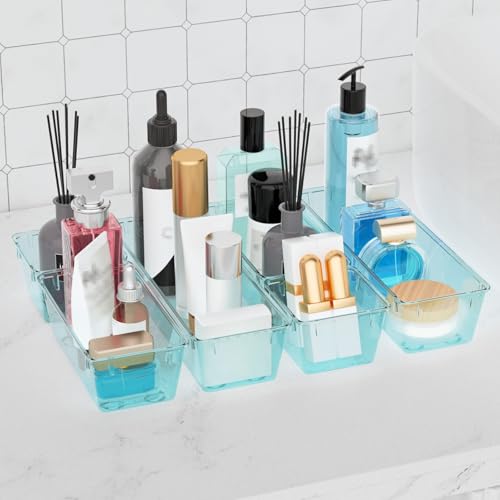 Image of WOWBOX 9 Pack Clear Drawer Organizer Set, Acrylic Drawer Storage Trays, Storage Bins for Makeup, Cosmetics, Jewelries, Utensils, Gadgets, Office, Sea Blue