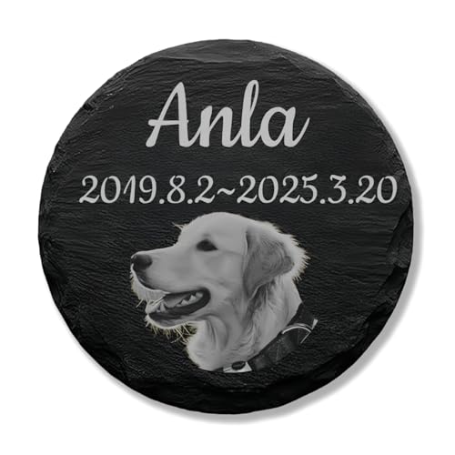 ペットのお墓石 ペットお墓 オーダーメイド 天然石 名入れ 彫刻 ペット墓碑 写真付き メモリアル 刻印 屋内屋外兼用 スタンド付き (丸型, 15*15)
