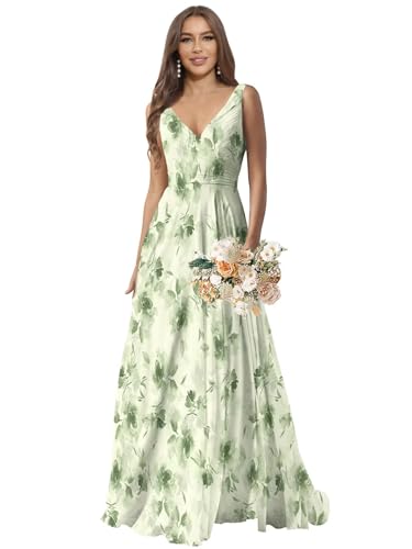 Image of Sukleet Floral Print Chiffon Bridesmaid Dresses for Women V Neck Ruched Chiffon Long Formal Wedding Guest Dress Size 12