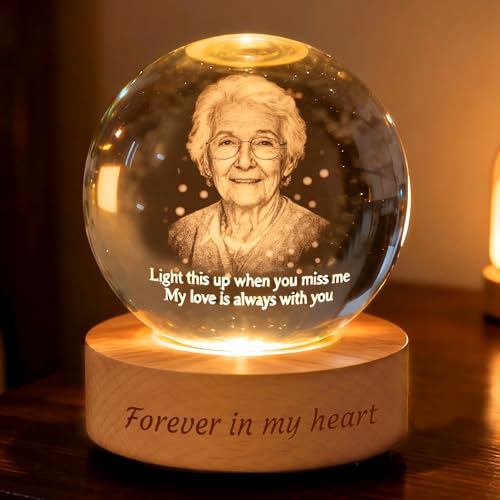 Personalized 3D Crystal Photo Ball Lamp, Custom Memorial Gift for Christmas Remembrance, Laser Engraved Crystal Globe for Pets Baby Couples Family Anniversary Wedding Birthdays (Memorial)