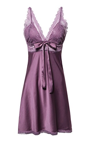 BellisMira - Chemise de Nuit Pyjama en Satin avec Dentelle Nu009cud Papillon