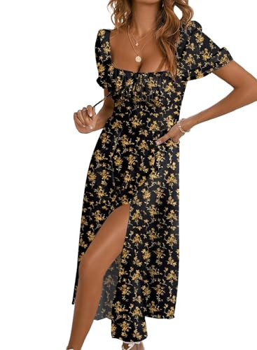 BLENCOT Womens Casual Summer Square Neck Short Sleeve Split Thigh Cotton Dress Boho Floral Print Tie Front Midi Dresses