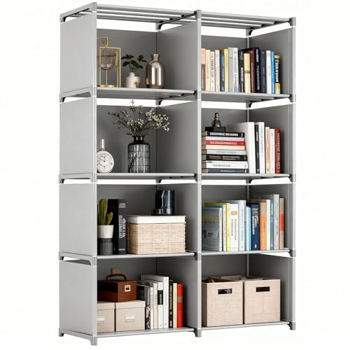 5 Tier Book Shelf, 8 Cube Storage Shelves, Tool-Free Assembly Kids Bookshelf, Bookcase Cube Storage Organizer for Kids Room, Living Room, Office, Bedroom, Study Room, (Grey, 5 Tier - 8 Cubes)