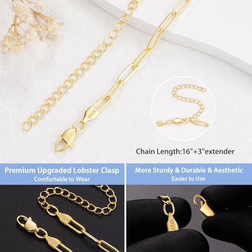 Jewlpire Italian 18K Real Gold Over 925 Sterling Silver Rope/Cuban/Paperclip/Herringbone Chain Necklaces for Women, Hypoallergenic Women's Chain Necklaces 16+3 Inch3