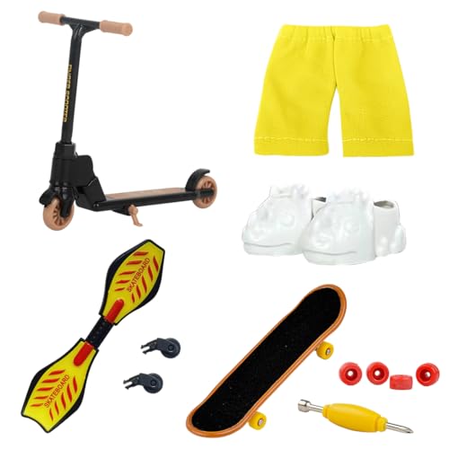 DIFLAX Mini Jeu de Jouets pour Doigts Ensemble de Trottinette Skateboard Embouts et Mini Accessoires pour l'entraînement avec Outils Réparation et Vêtements pour Enfants Adultes Fêtes Faveurs (Jaune)