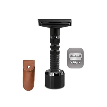 Adjustable double-edged safety razor with 10 platinum-plated stainless steel razor blades + optional stand + complimentary holster, reusable razor, smooth close shave Black + base + holster