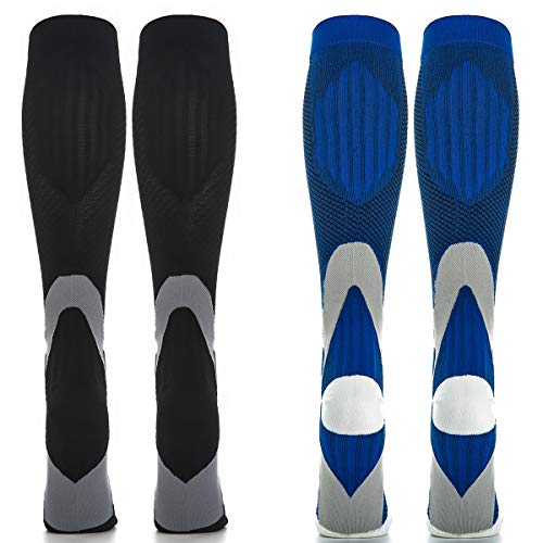 2 Pares Calcetines/Medias de Compresión para Hombres y Mujeres, Running, Deporte, Correr, Senderismo, Volar, Viajar, Varicosas, Embarazo y Médicos (EU 42-44, Negro+Azul - 2 Pares)