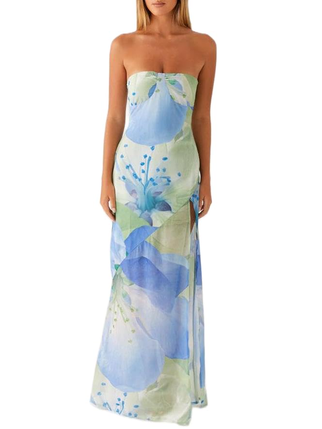 Image of Women Y2k Strapless Maxi Dress Floral Print Tube Long Dress Boho Beach Sundress Going Out Streetwear