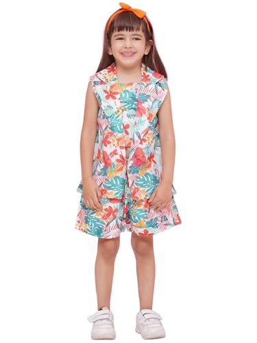 Image of AJ DEZINES Kids Clothing Floral Printed Pure Cotton Top Shorts With Jacket Cord Set for Girls
