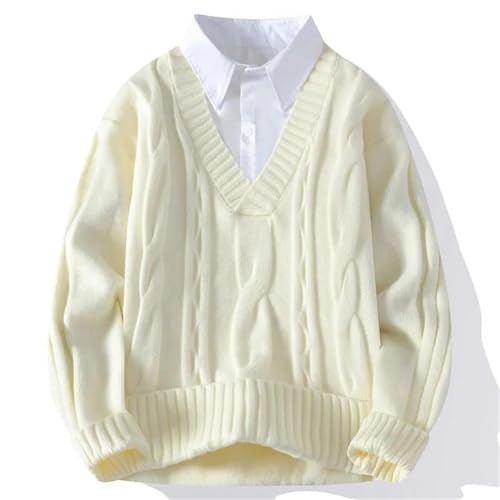 Men's V-Neck Fake Two-Piece Knit Pullover Sweater Fall Winter Fashion Casual Jumper2