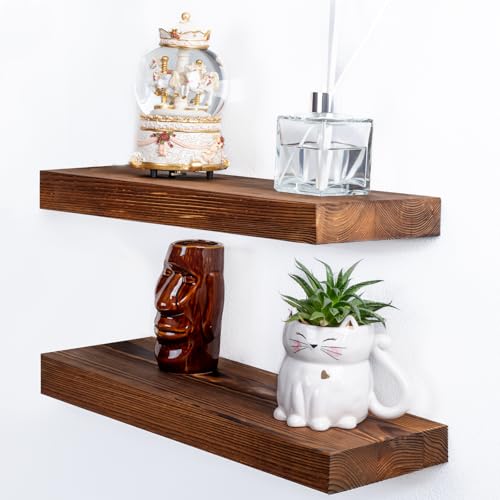 2 estantes flotantes de madera de pino natural para pared sin taladrar; juego de estantes de madera montados en la pared; estantes de pared para sala de estar, baño, cocina y dormitorio (color nogal,