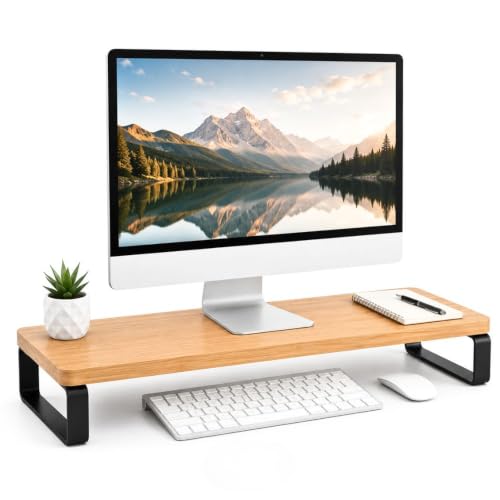Image of Decorlay Engineered Wood Monitor Stand Riser for Desk, Desktop Organizer with Metal Legs, Computer Screen Stand for Office & Home, Laptop Stand Shelf, Tabletop Storage Rack, Wooden Desk Organizer for Monitor Keyboard Accessories