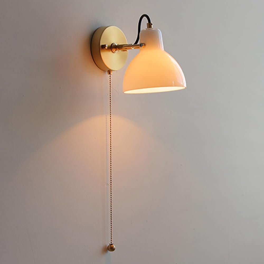 HPTHLY Gold Bedroom Wall Sconce Brushed Brass Wall Lamp With Milk White Glass Shade And Pull Cswitch, Wabi Sabi Hardwired Indoor Wall Light Fixture For Bedr