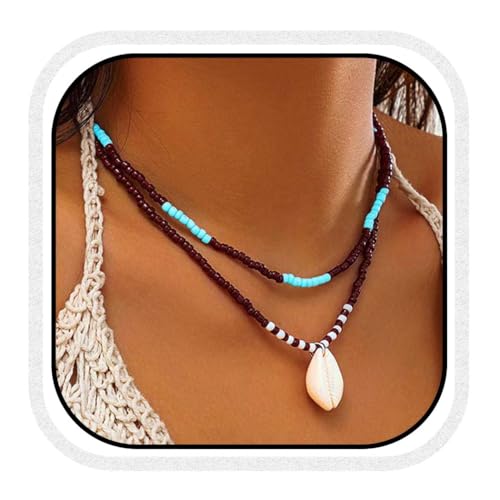 Reaky Collares de cuentas bohemias, collar de concha marina en capas, collares de playa para mujer