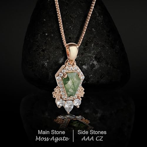 Coffin Cut Moss Agate Pendant Necklace for Women Girls Rose Gold Plated 925 Sterling Silver AAA CZ Diamond Green Gemstone Natural Moss Agate Coffin Jewelry3