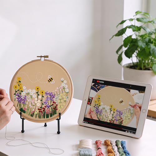 Image of Flowers Embroidery Kits for Beginners Adults, Floral Hand Embroidery Set Needlepoint Kits, Stamped Cross Stitch Kits for Beginners Adults, 2 Embroidery Hoops, Fabric, Thread (Attached Video Tutorial)
