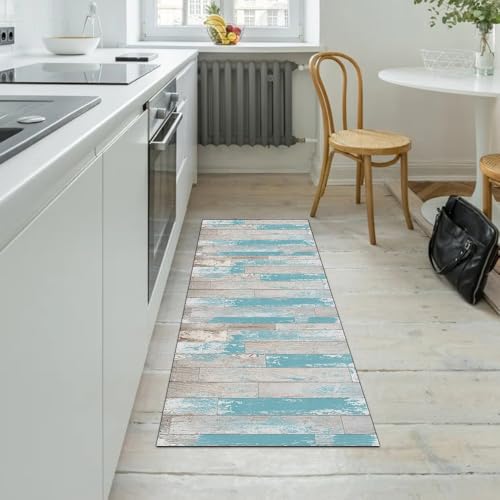 Alfombra de pasillo de cocina lavable en tonos gris y azul 3D 5