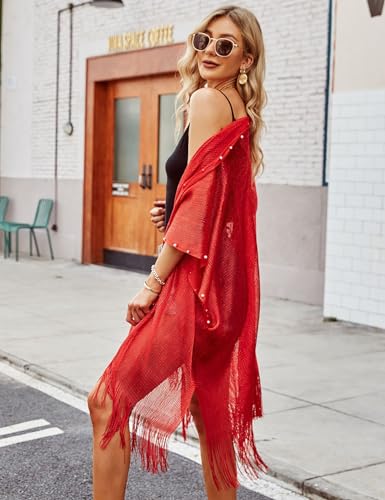 Ferand Women's Pearl Fringe Kimono Cardigan Sheer Loose Swim Cover Up for Beach, Pool, and Vacation3
