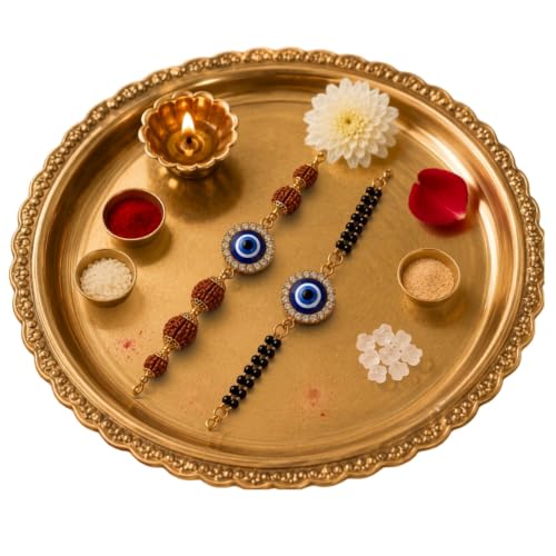 Image of EITHEO Bhaiya Bhabhi Rakhi Set with Evil Eye Charm, Rudraksha Rakhi & Black Bead Lumba Bracelet, Handmade Gift with Roli Chawal, Chandan & Mishri (Couple Set of 4)