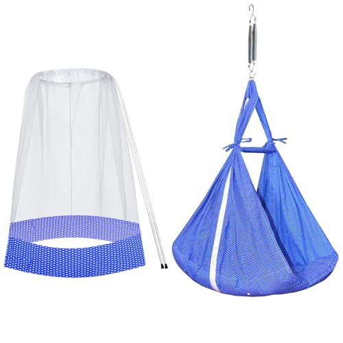 Image of Vparents Sleeping Essentials with Mosquito Net & Spring, Small Dot (Dark Blue)