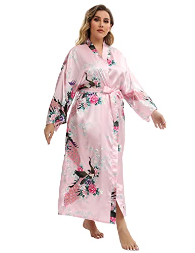 Image of Women's Floral Long Satin Robes Plus Size Long Silk Robes Peacock Floral Kimonos Sleepwear Dressing Gown