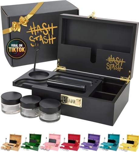 HASHSTASH The OG Storage Box - Large Bamboo Box with Combination Lock, Magnetic Lid, Organizer Tray, Airtight Tube and 3 Jars - Discreet Decorative Locking Wooden Box with Accessories (Black/Gold)