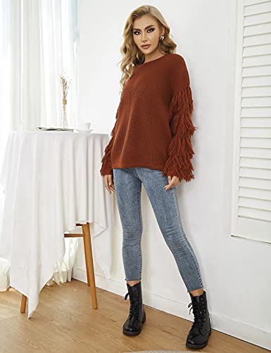 Kate Kasin Fringe Long Sleeve Sweater Chunky Cable Knit Oversized Pullover Jumper Tops Brown #TOP1