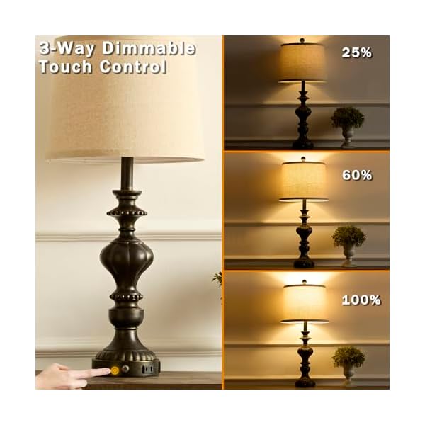 275 farmhouse table lamps set of 2 bedside lamp with usb ca ports ac outlet 3 way dimmable touch lamps for living room bedroom office hallway rustic nightstand traditional lamp  urban country home decor
