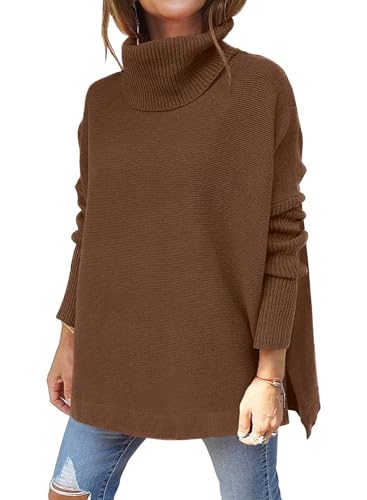 Image of yoeasy Women's Turtleneck Oversized Long Batwing Sleeve Pullover Sweater Spilt Hem Knit Sweater